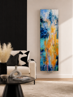 Designer vertical radiator with colourful abstract floral artwork in a modern living room.